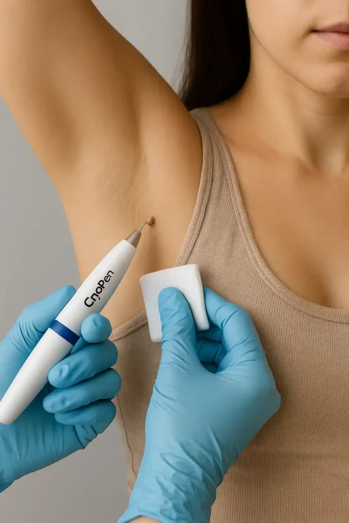 woman having cryopen to remove underarm skin tags Northamptonshire