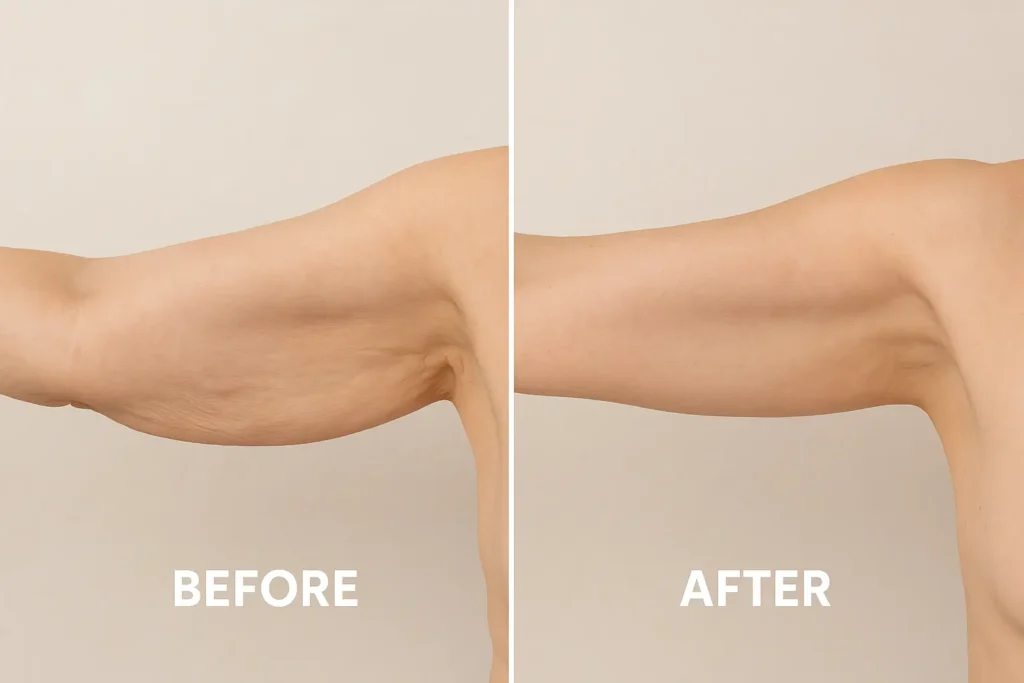 Picture of LA LIPO Northamptonshire before and after results of skin tightening treatment on the upper arms.