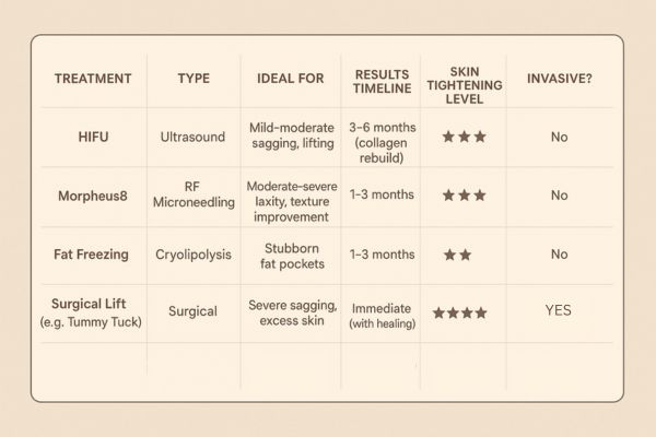 Table showing the comparisons of Skin tightening Northamptonshire treatment options.